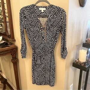 MICHAEL KORS Women Black White Patterned Gold Chain Tie Waist Dress Size XS